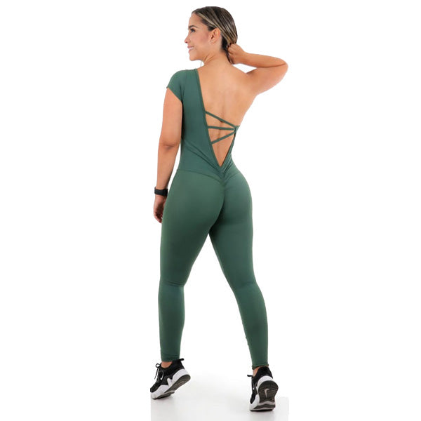 Green Chic One-Shoulder Jumpsuit - Olive Green