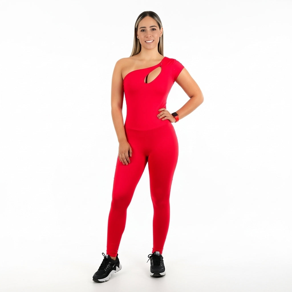 Red Elegance One-Shoulder Jumpsuit - Red