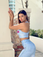 Kiss Me Denim Push-Up Leggings Set - Kisses Print