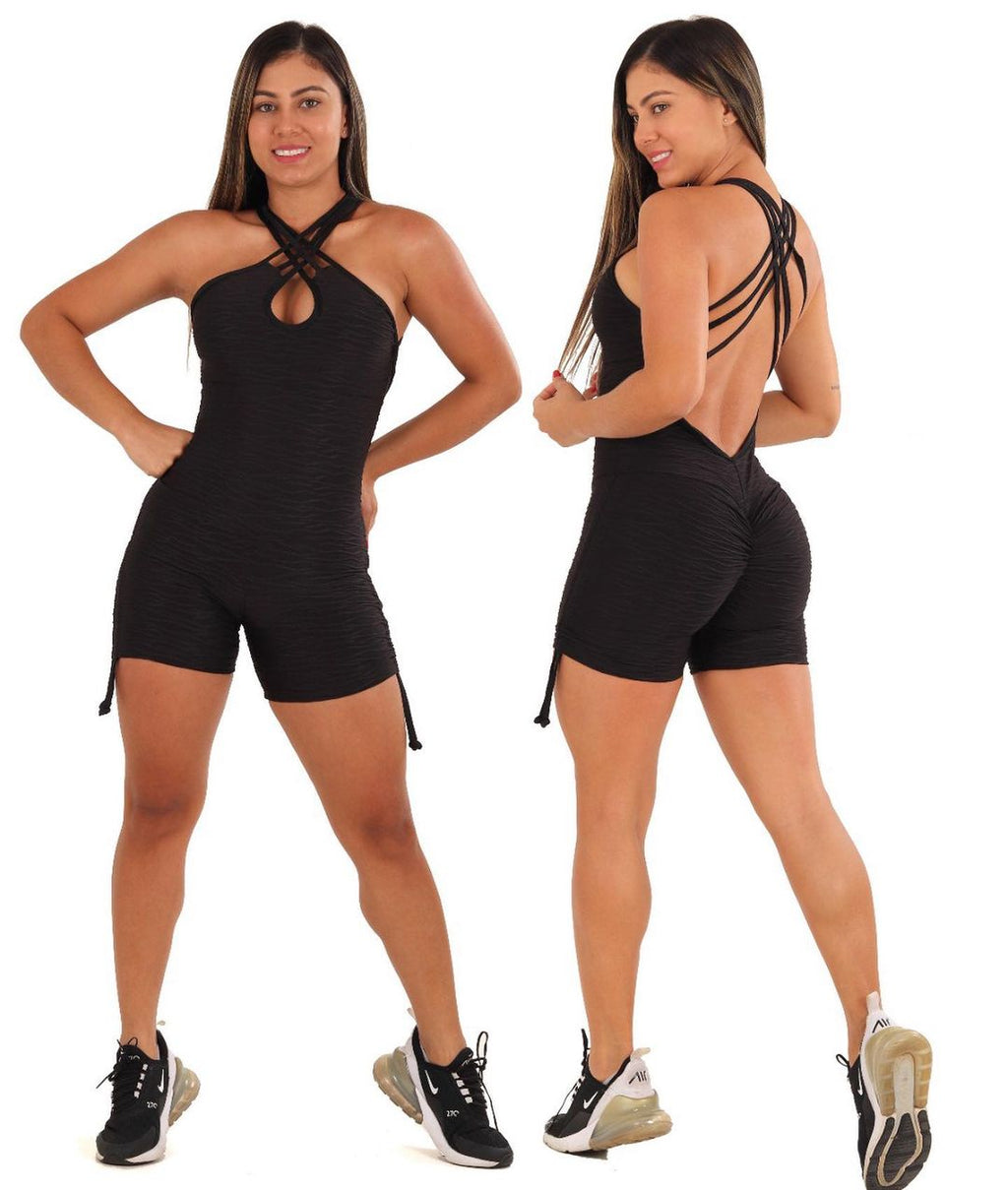 Black Carnival Brazilian Texturized Jumpsuit Short - Black
